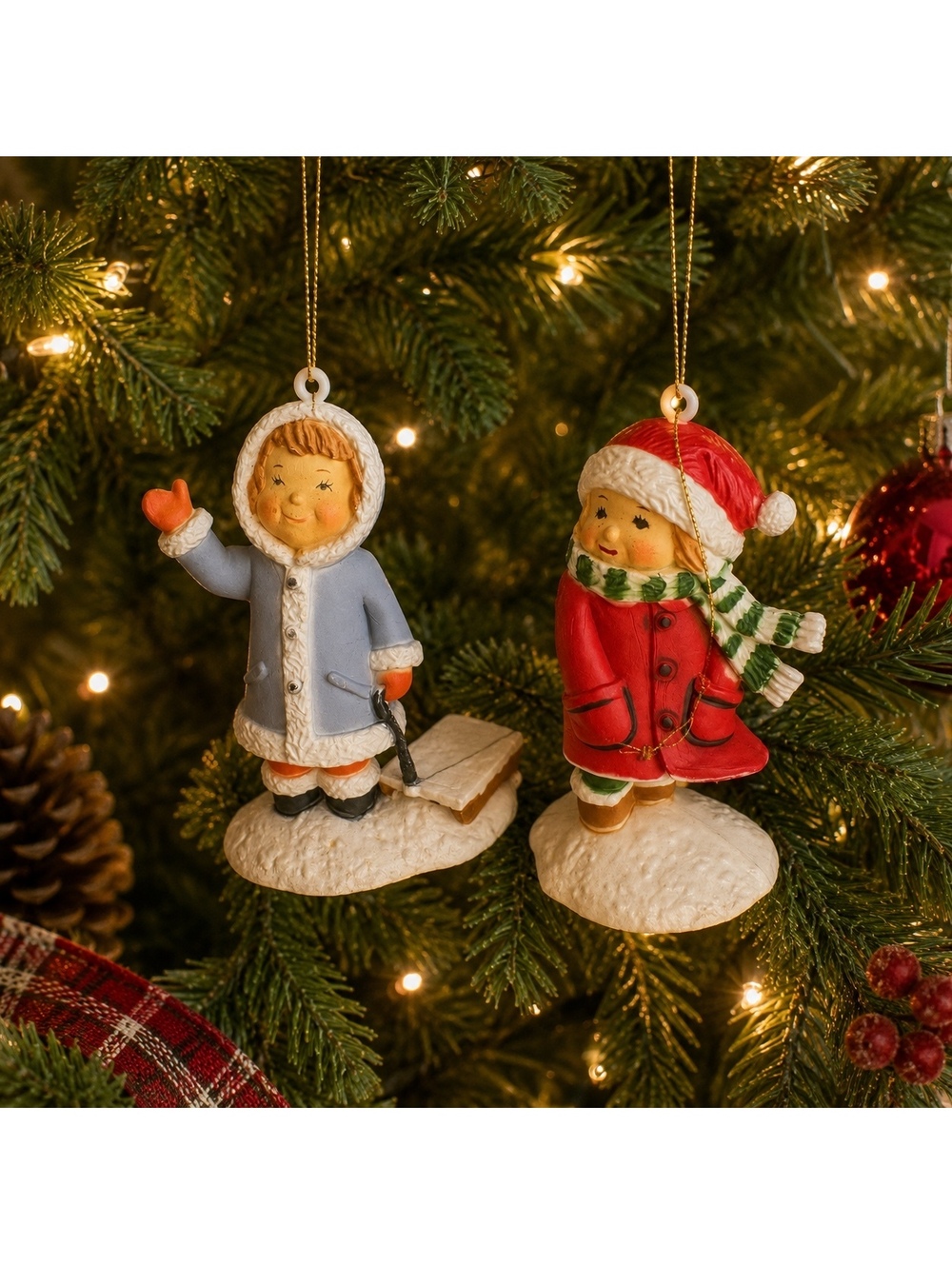 Vintage Resin Winter Children Christmas Ornaments Set of 2